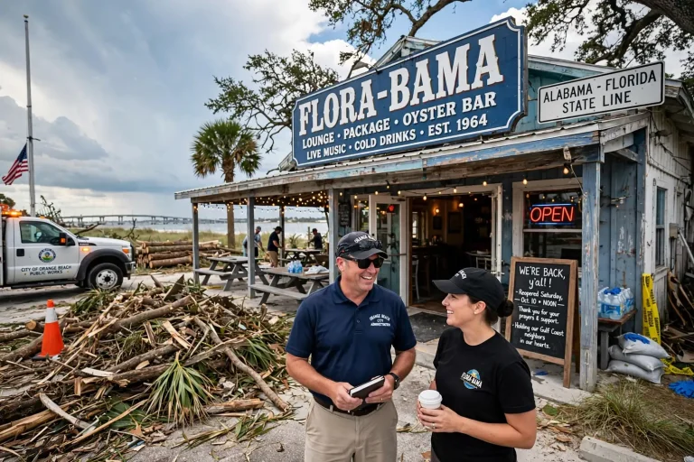 The weathered wooden exterior and sign of a beachfront bar on the Alabama-Florida state line under blue skies, with a few palm fronds and small branches scattered in the parking lot