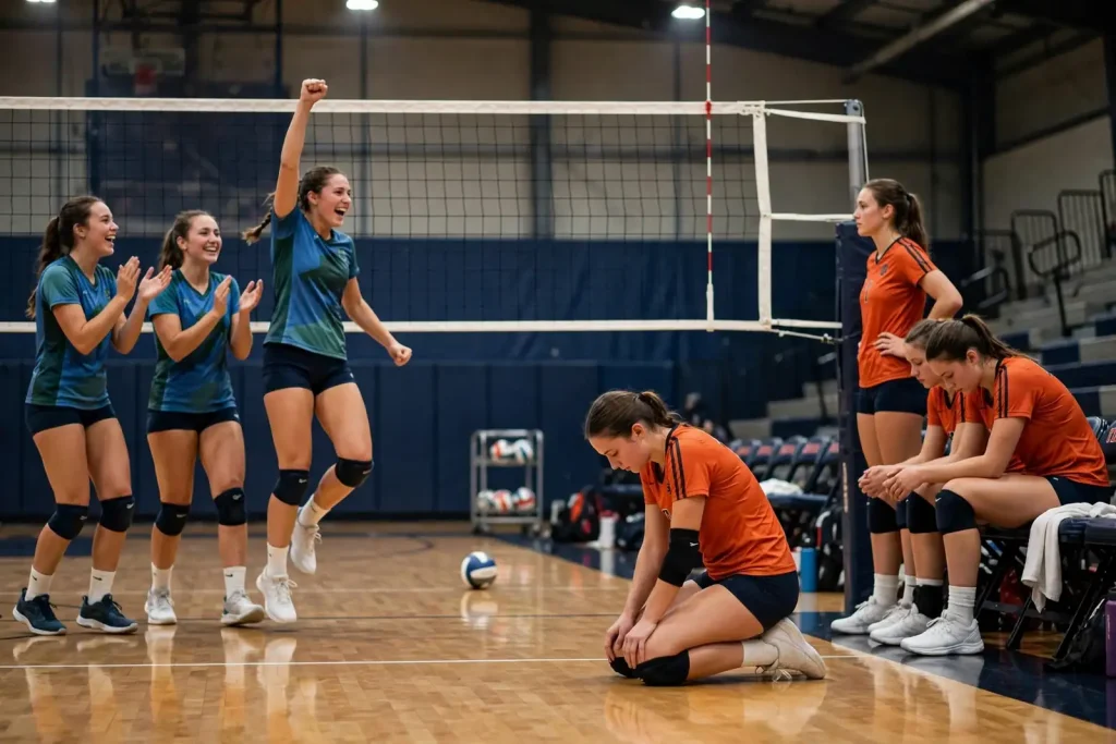 High school volleyball players compete at the net during a state championship match in a large indoor arena