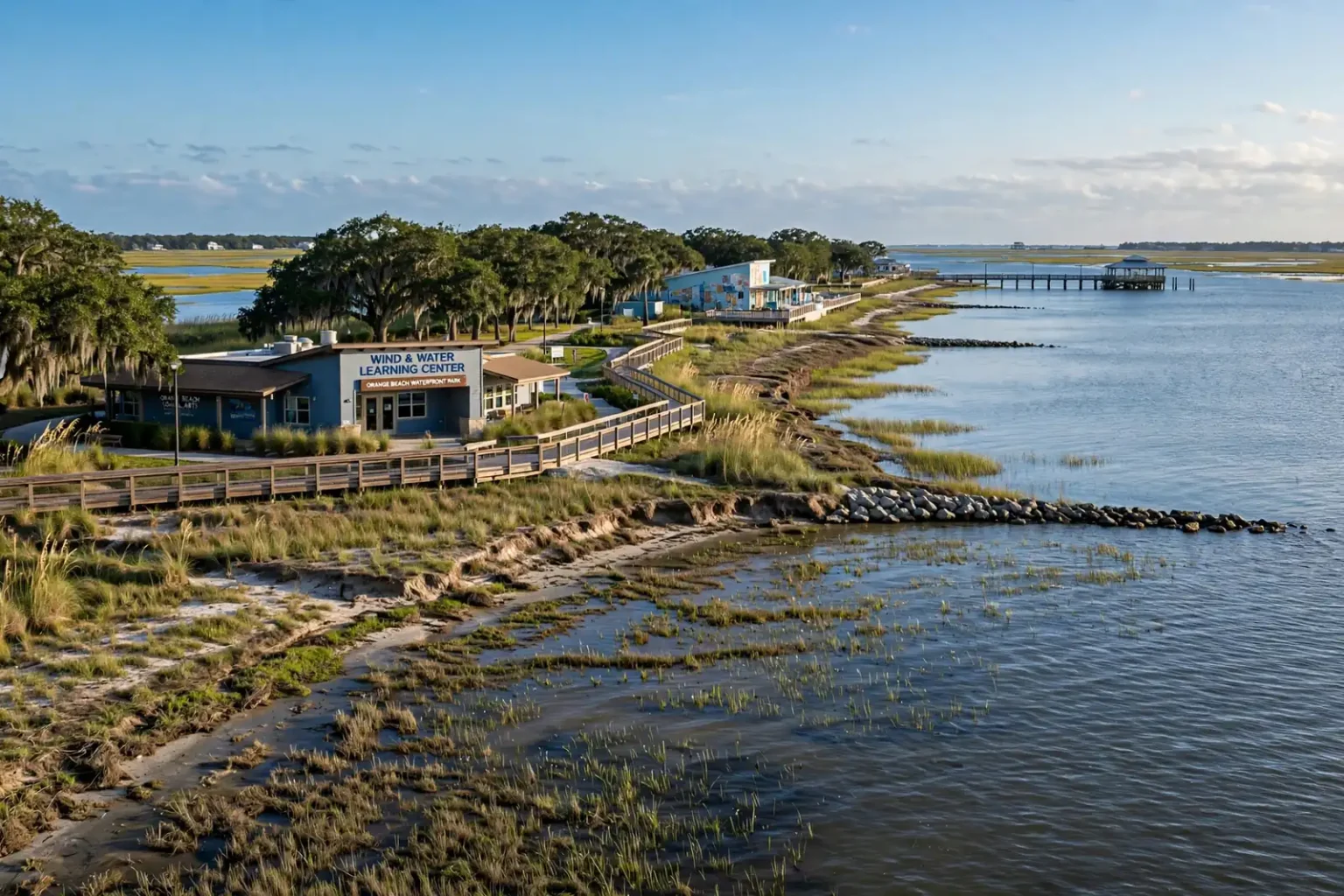 Construction crews planting marsh grass and placing rock breakwaters along the Wolf Bay shoreline at Orange Beach Waterfront Park