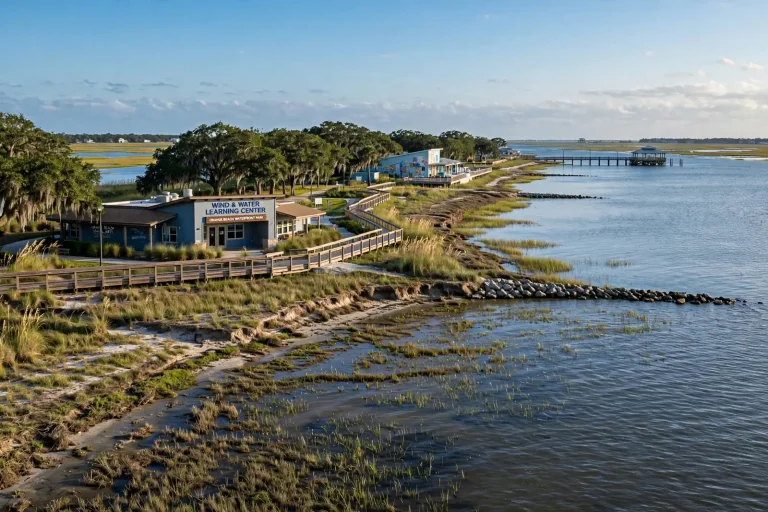 Construction crews planting marsh grass and placing rock breakwaters along the Wolf Bay shoreline at Orange Beach Waterfront Park