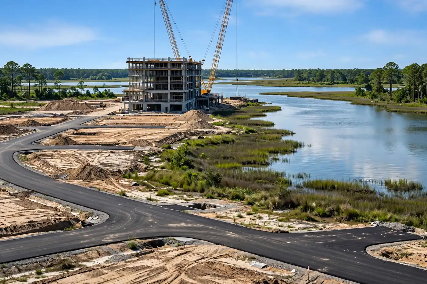 Multi-story building under construction with cranes beside graded lots and calm waterway under a sunny sky