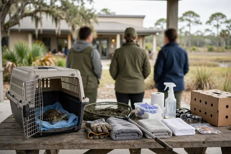 Volunteers carrying an injured seabird to a transport crate during a coastal wildlife rescue training