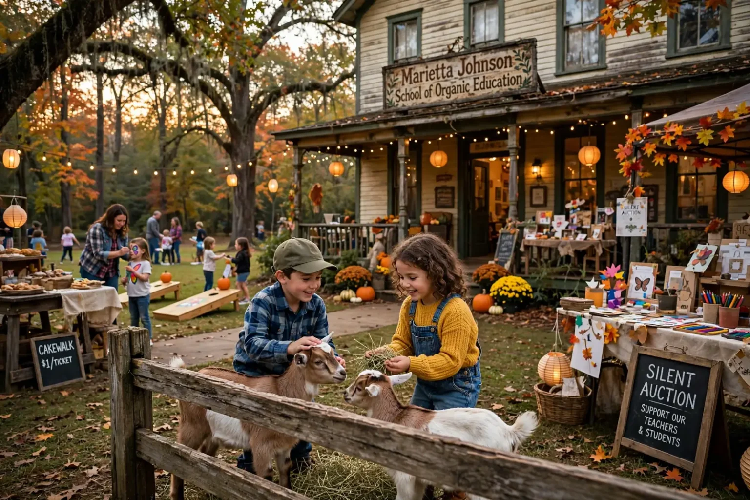 Children at the Organic School Fall Festival on a wooded Fairhope campus