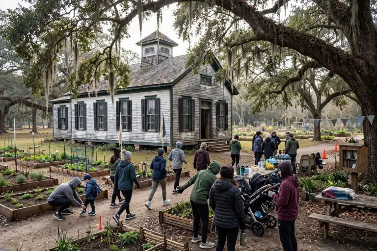 Runners and walkers gathered at a starting line under live oak trees on a cool morning