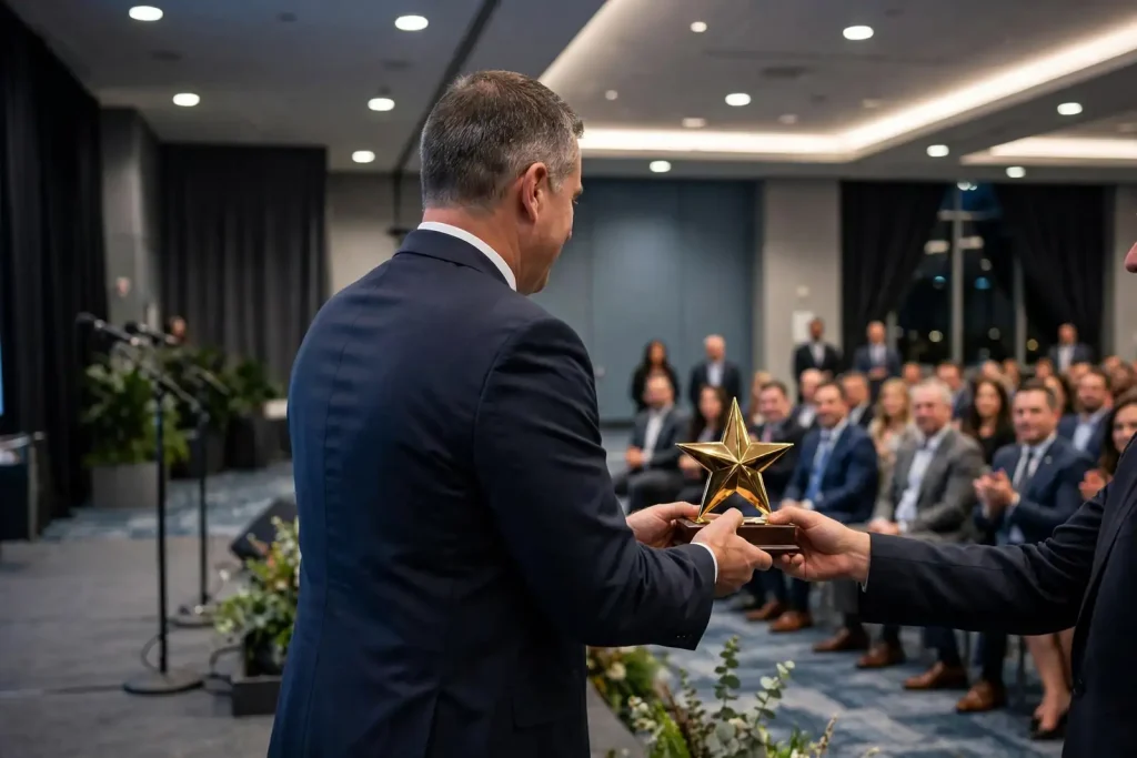 Illustration of a city mayor accepting a community leadership award at a ceremony, representing Foley Mayor Ralph Hellmich's Outstanding ACE Mayor honor