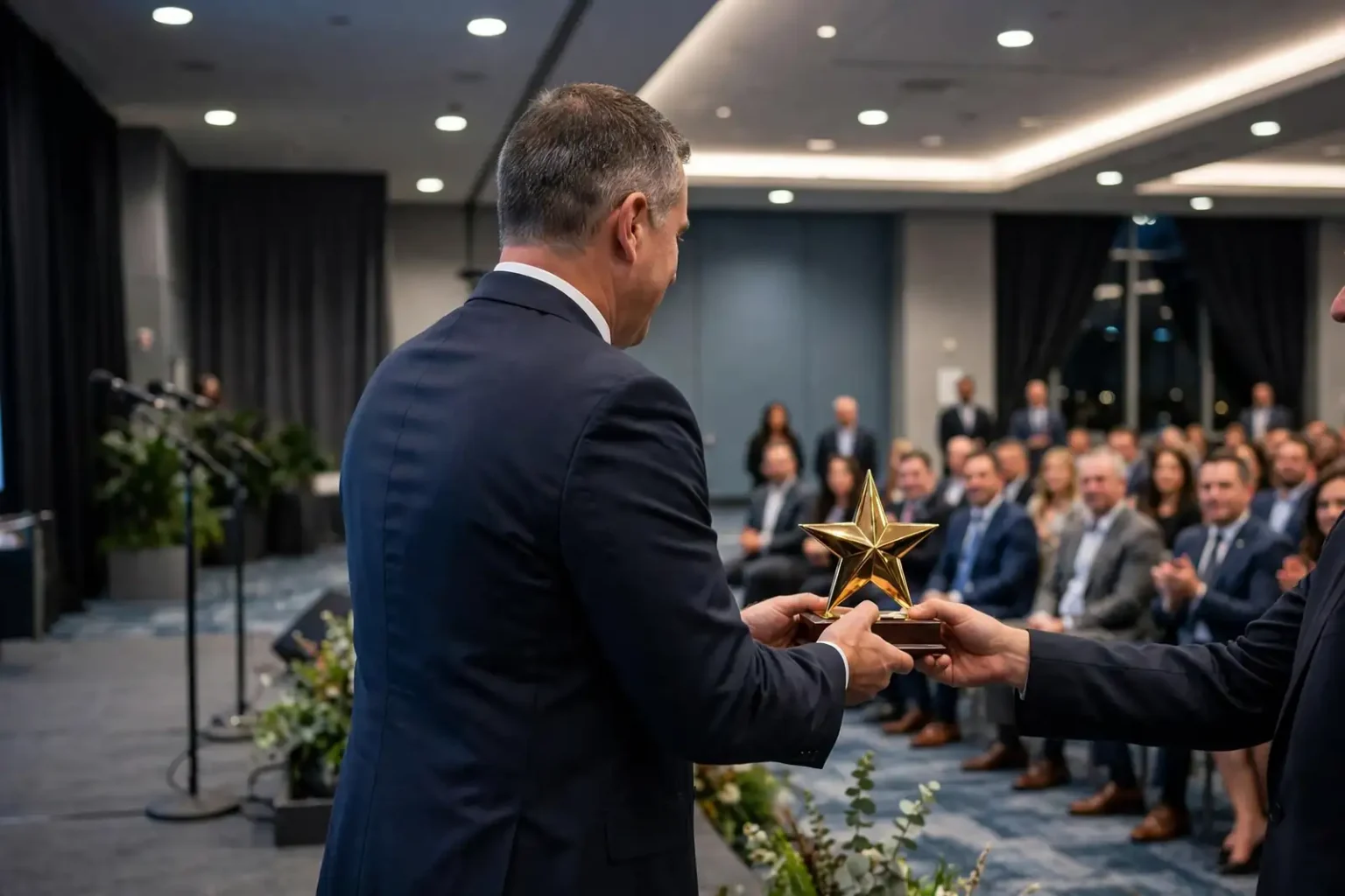 Illustration of a city mayor accepting a community leadership award at a ceremony, representing Foley Mayor Ralph Hellmich's Outstanding ACE Mayor honor