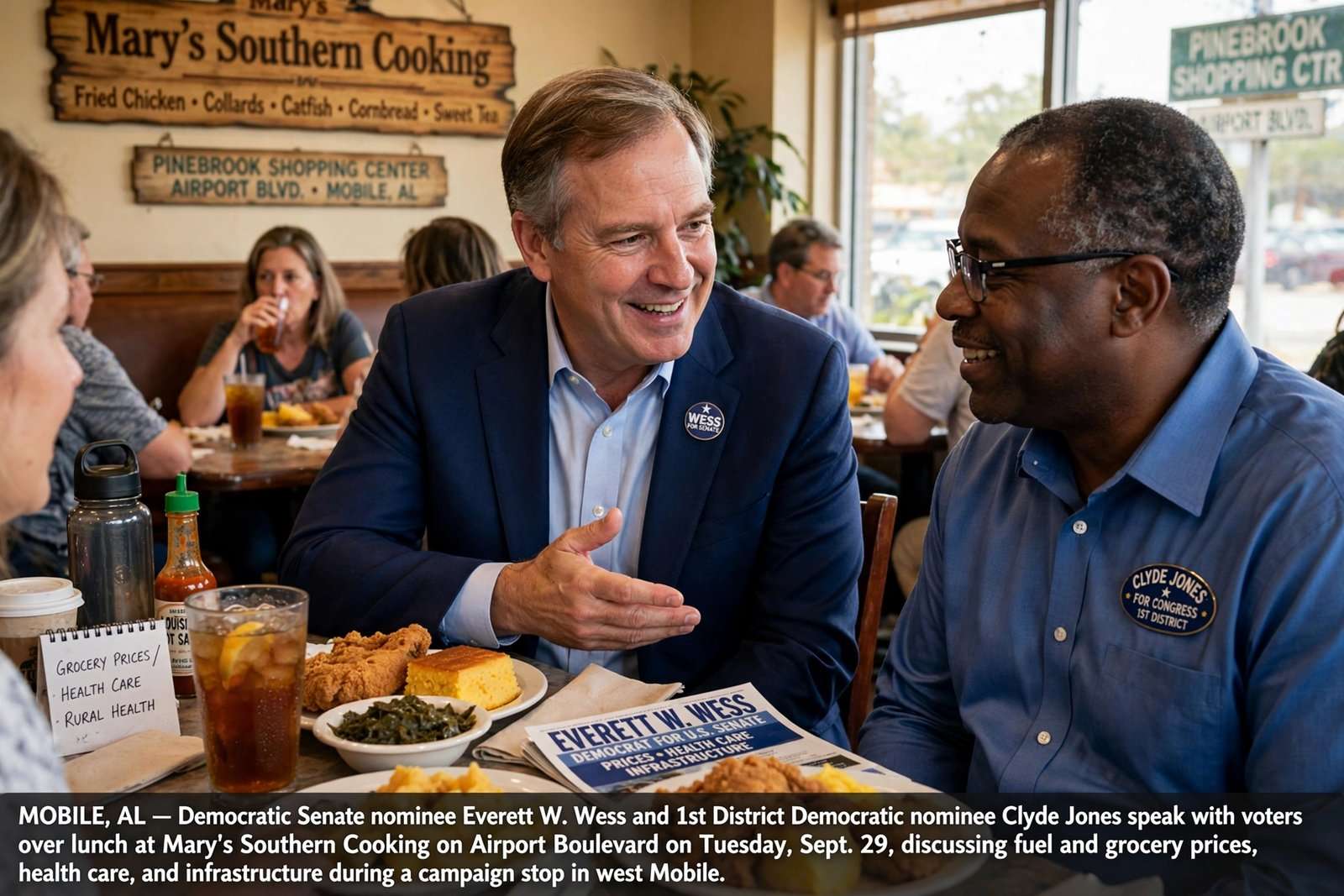 Illustration for the news story: Over Lunch on Airport Boulevard, Senate Nominee Everett Wess Pitches Mobile Voters on Prices and Health Care