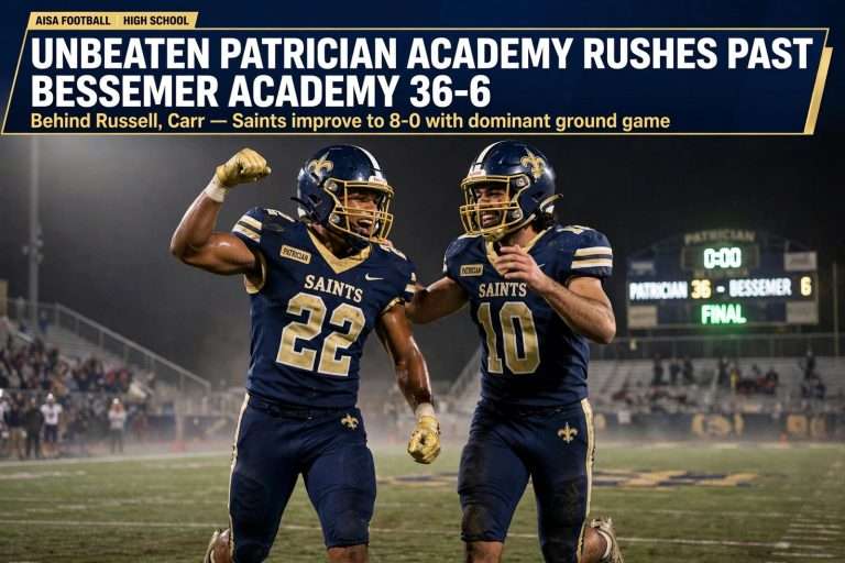 Illustration for the news story: Unbeaten Patrician Academy Rushes Past Bessemer Academy 36-6 Behind Russell, Carr