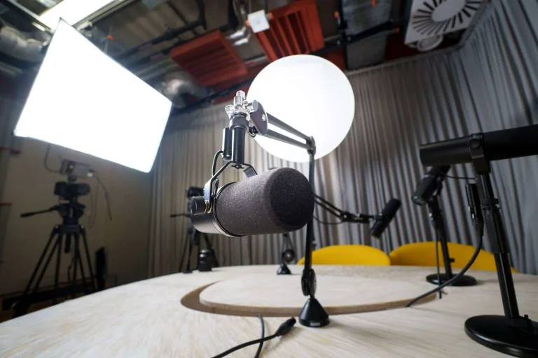 A microphone in a broadcast studio set up for a talk radio or TV interview.