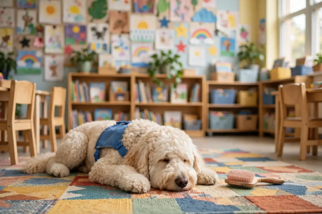 A calm goldendoodle lying on a classroom rug beside a dog brush, illustrating the Pawtism Project's school dog visits in Saraland
