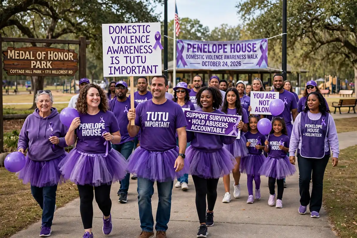 Walkers in purple shirts and tutus on a park path during a Domestic Violence Awareness Walk in Mobile