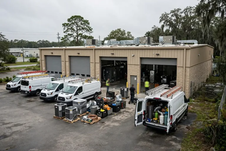 Commercial warehouse on a light industrial corridor with service trucks parked outside and signage