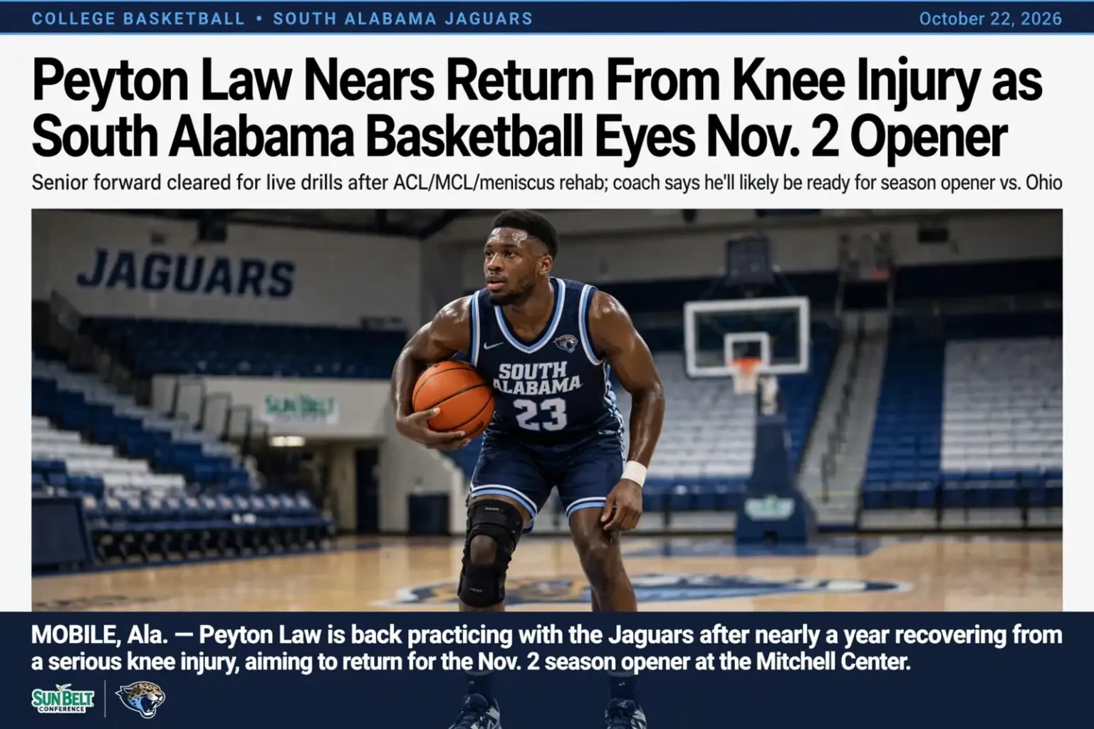 Peyton Law - Peyton Law Nears Return From Knee Injury as South Alabama Basketball Eyes Nov. 2 Opener