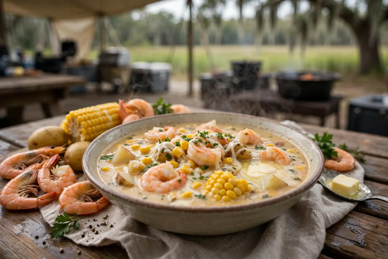 Bowl of creamy Cajun shrimp soup with corn and potatoes served at an outdoor cook-off
