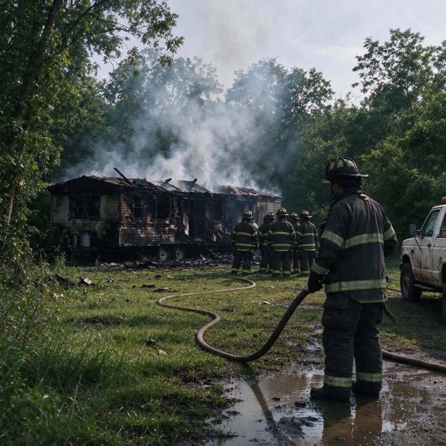 Volunteer firefighters with a hose line stand near a smoldering, burned-out trailer in a wooded lot, illustrating the Pine Grove trailer fire