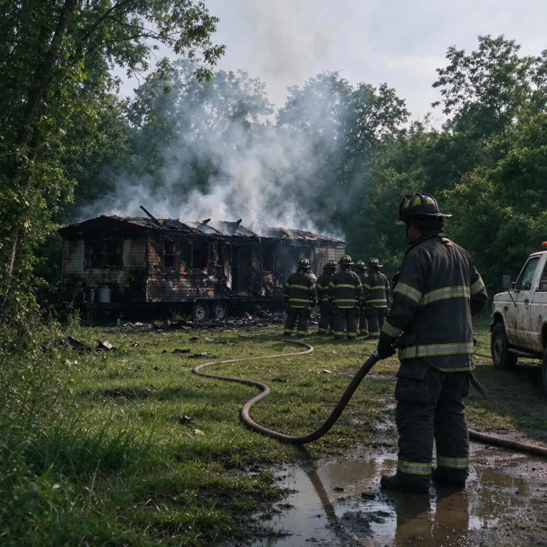 Volunteer firefighters with a hose line stand near a smoldering, burned-out trailer in a wooded lot, illustrating the Pine Grove trailer fire
