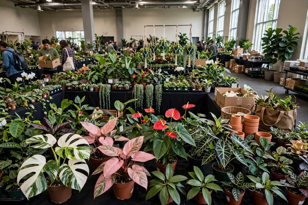 Tables crowded with potted tropical houseplants with large green and variegated leaves inside an exhibit hall