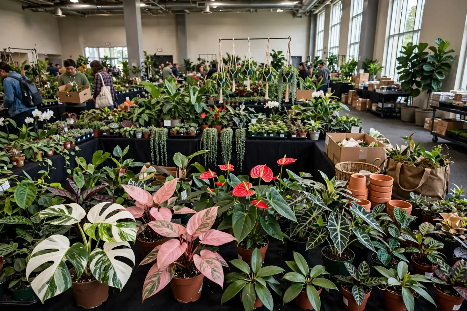 Tables crowded with potted tropical houseplants with large green and variegated leaves inside an exhibit hall