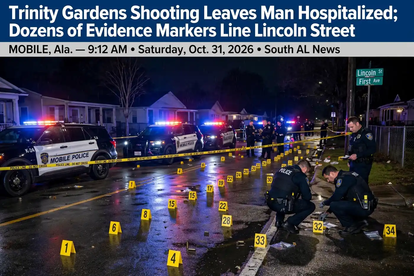 Yellow police tape stretched across a quiet residential street at night with patrol car lights glowing in the distance