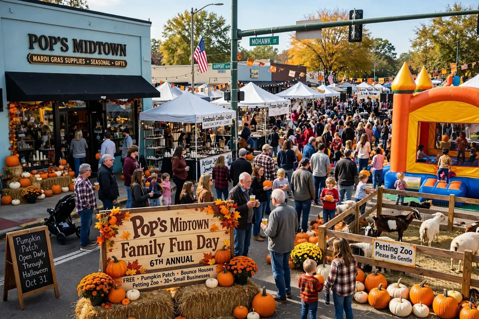 Rows of orange pumpkins on display at an outdoor fall festival with families walking nearby