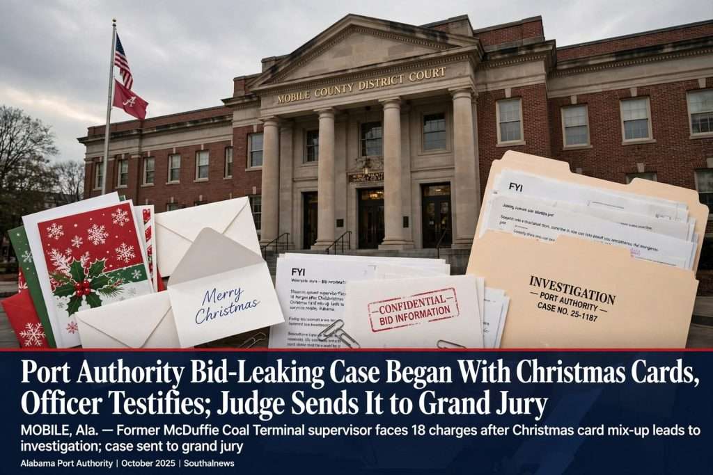 Illustration for the news story: Port Authority Bid-Leaking Case Began With Christmas Cards, Officer Testifies; Judge Sends It to Grand Jury