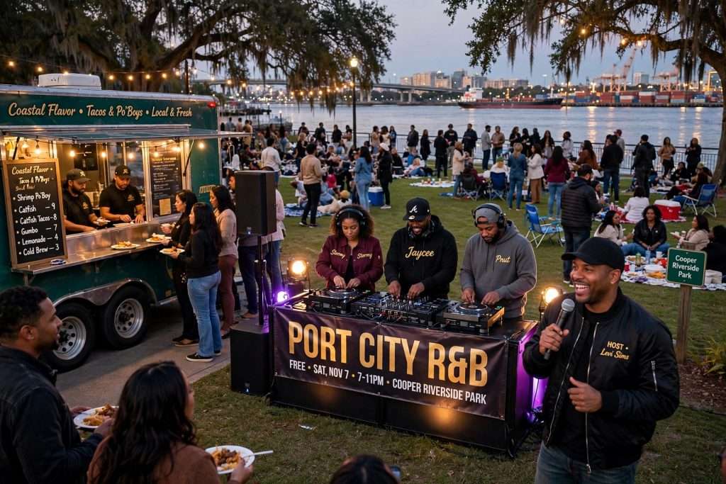 DJs perform at a riverside park at dusk as a crowd gathers on the lawn beside a food truck and the Mobile River
