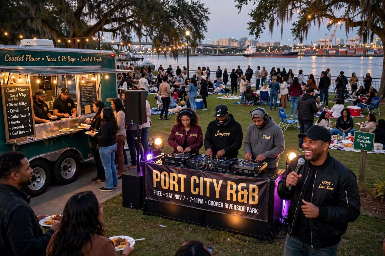 DJs perform at a riverside park at dusk as a crowd gathers on the lawn beside a food truck and the Mobile River