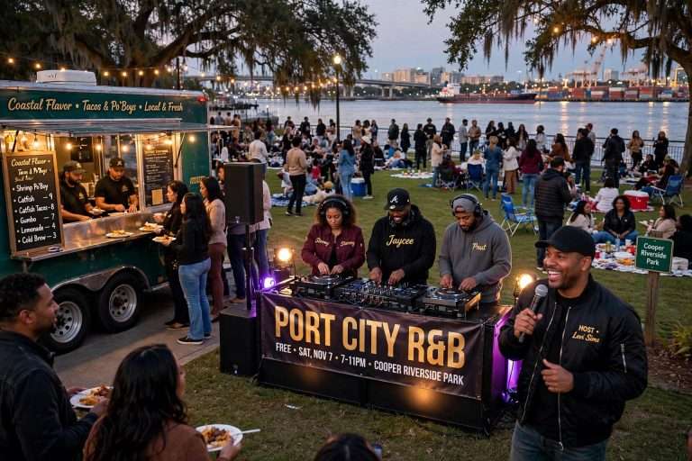 DJs perform at a riverside park at dusk as a crowd gathers on the lawn beside a food truck and the Mobile River