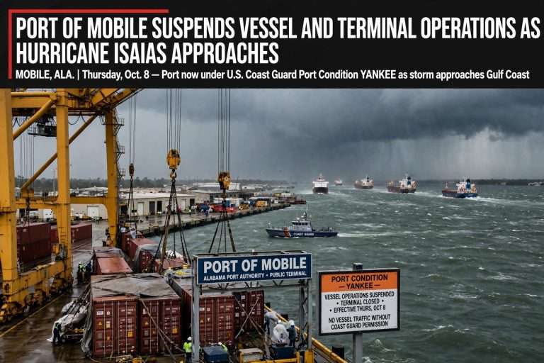 Illustration for the news story: Port of Mobile Suspends Vessel and Terminal Operations as Hurricane Isaias Approaches