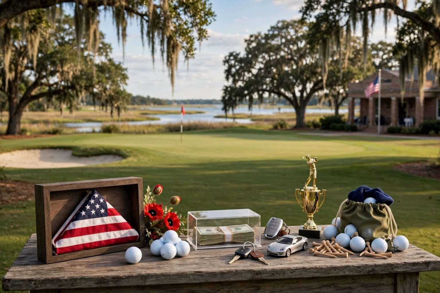Row of golf carts lined up beside a green fairway with an American flag on a pole before a charity tournament
