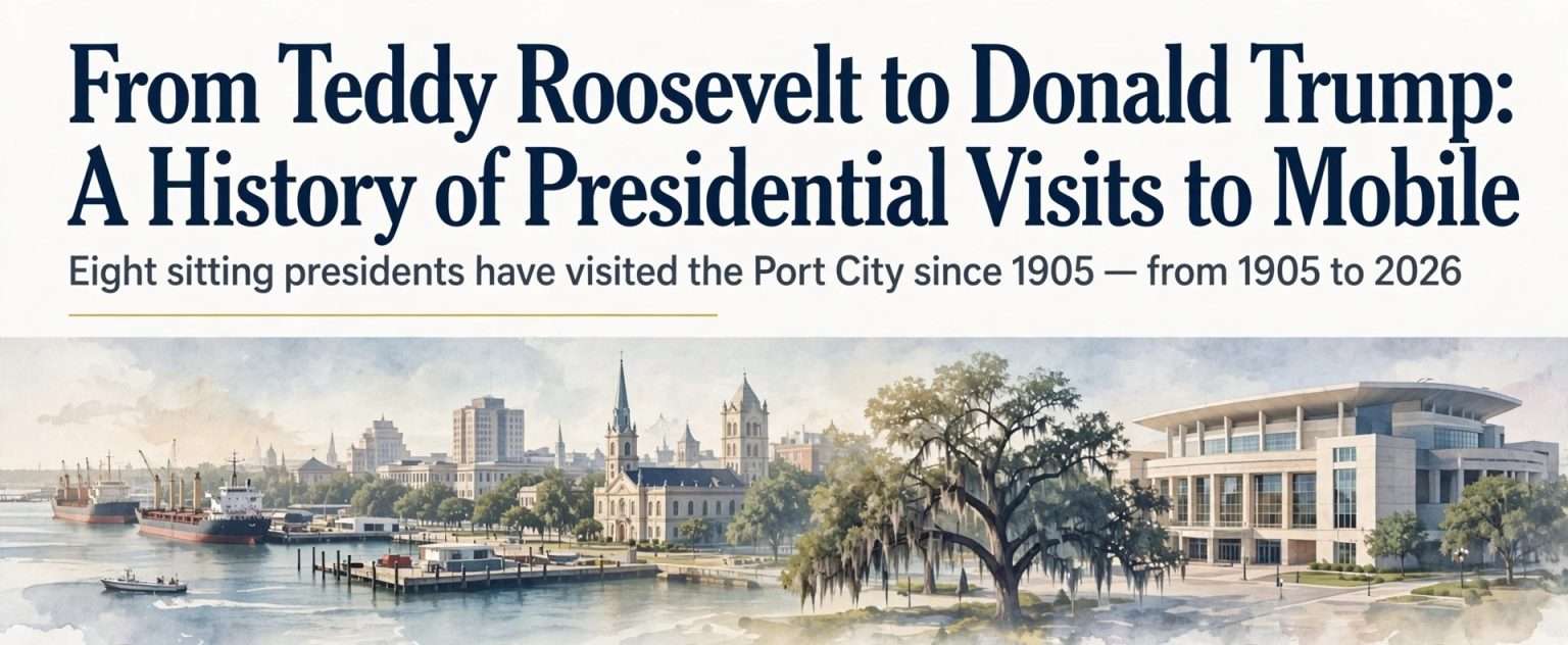 Watercolor view of the Mobile waterfront, downtown skyline and the Mitchell Center beneath a headline about presidential visits