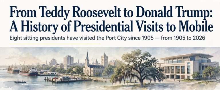 Watercolor view of the Mobile waterfront, downtown skyline and the Mitchell Center beneath a headline about presidential visits