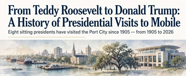 Watercolor view of the Mobile waterfront, downtown skyline and the Mitchell Center beneath a headline about presidential visits