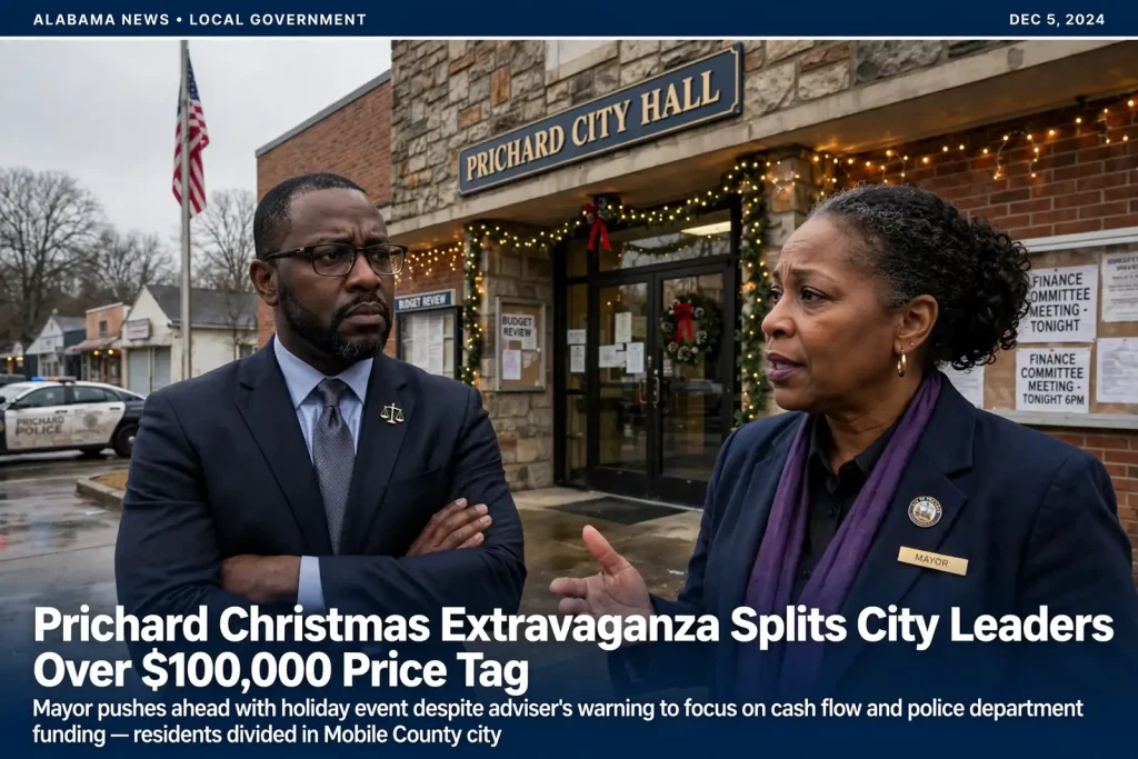 Two city officials talking outside Prichard City Hall decorated with Christmas wreaths