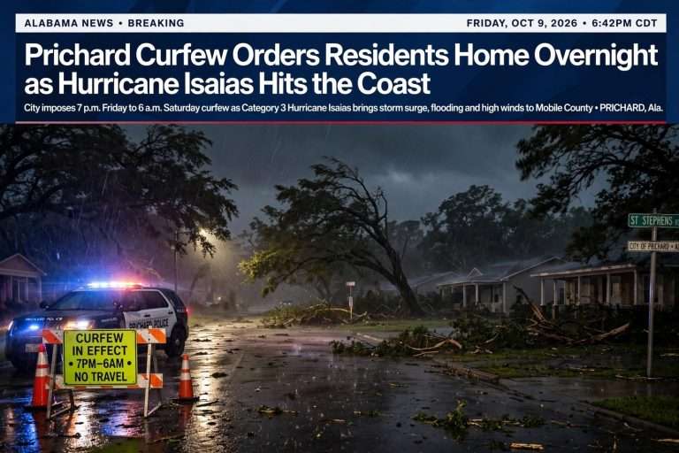Illustration for the news story: Prichard Curfew Orders Residents Home Overnight as Hurricane Isaias Hits the Coast
