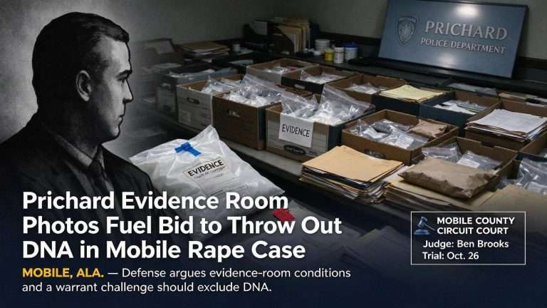 Illustration for the news story: Prichard Evidence Room Photos Fuel Bid to Throw Out DNA in Mobile Rape Case