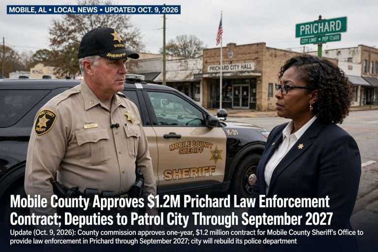 Illustration for the news story: Mobile County Approves $1.2M Prichard Law Enforcement Contract; Deputies to Patrol City Through September 2027