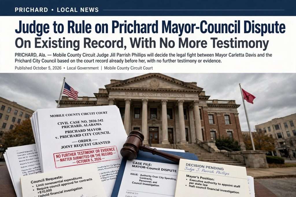 Illustration for the news story: Judge to Rule on Prichard Mayor-Council Dispute on Existing Record, With No More Testimony