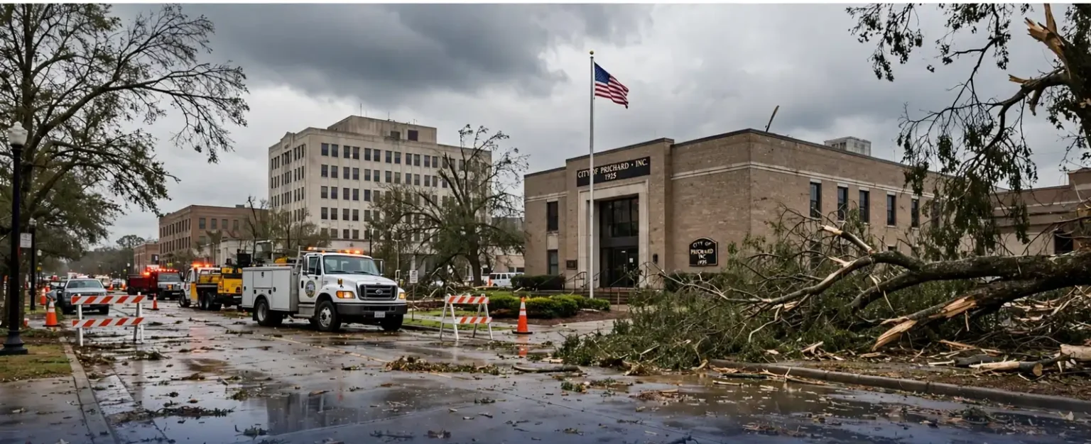 City crews clearing fallen tree limbs from a residential street in Prichard, Alabama, after a hurricane