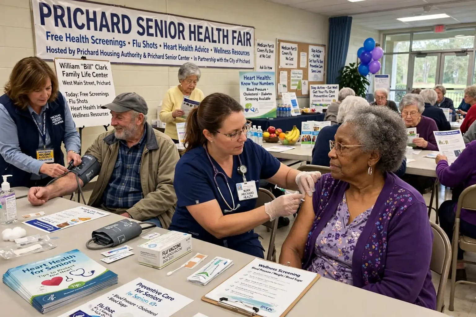 A health worker checks the blood pressure of an older adult at a community health fair