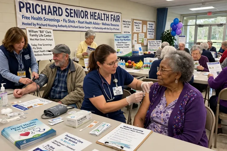A health worker checks the blood pressure of an older adult at a community health fair