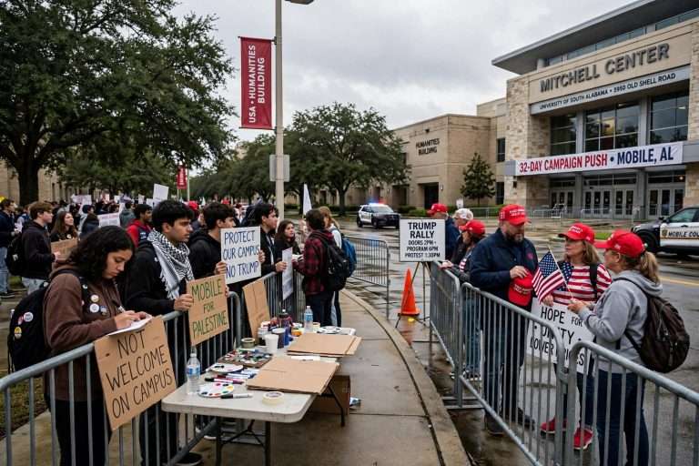 Illustration for the news story: Protest Signs, Red Hats and a 32-Day Push: Mobile Readies for Trump’s Rally at South Alabama