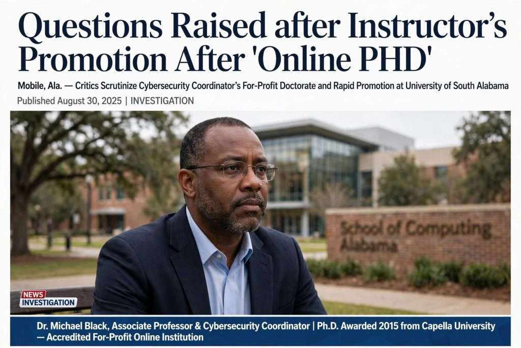 Illustration for the news story: Questions Raised after Instructor’s Promotion After “Online PHD”