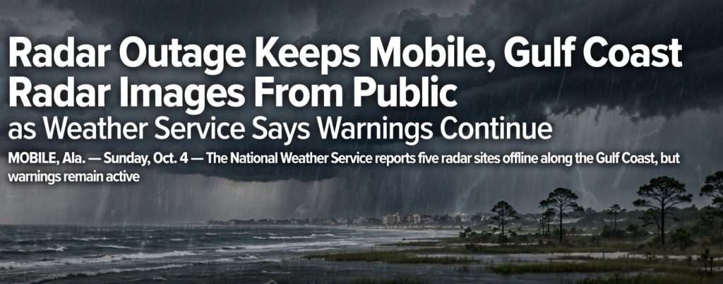 Dark storm clouds and heavy rain sweep over a Gulf Coast shoreline beneath a headline about the weather radar outage