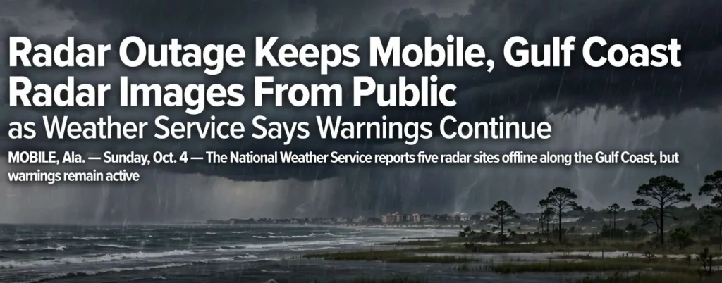 Dark storm clouds and heavy rain sweep over a Gulf Coast shoreline beneath a headline about the weather radar outage