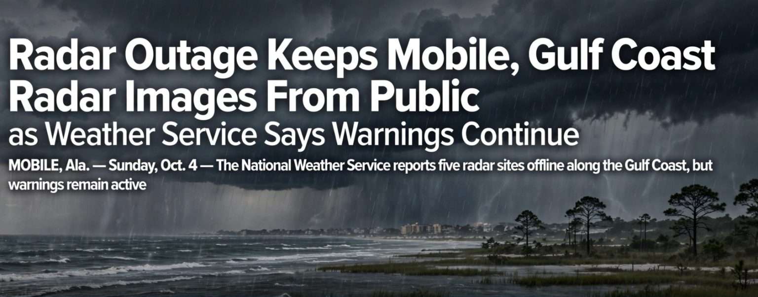 Dark storm clouds and heavy rain sweep over a Gulf Coast shoreline beneath a headline about the weather radar outage
