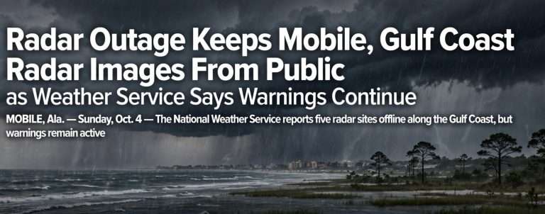 Dark storm clouds and heavy rain sweep over a Gulf Coast shoreline beneath a headline about the weather radar outage