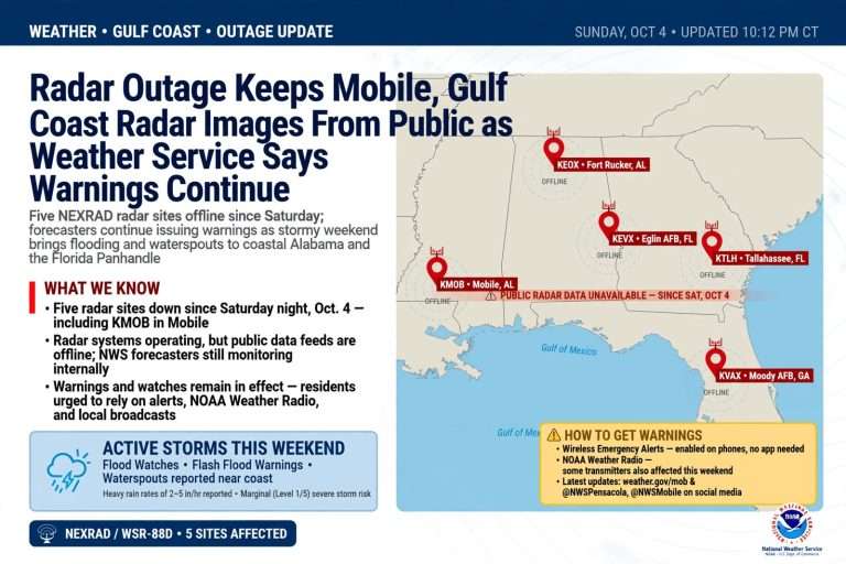 Illustration for the news story: Radar Outage Keeps Mobile, Gulf Coast Radar Images From Public as Weather Service Says Warnings Continue