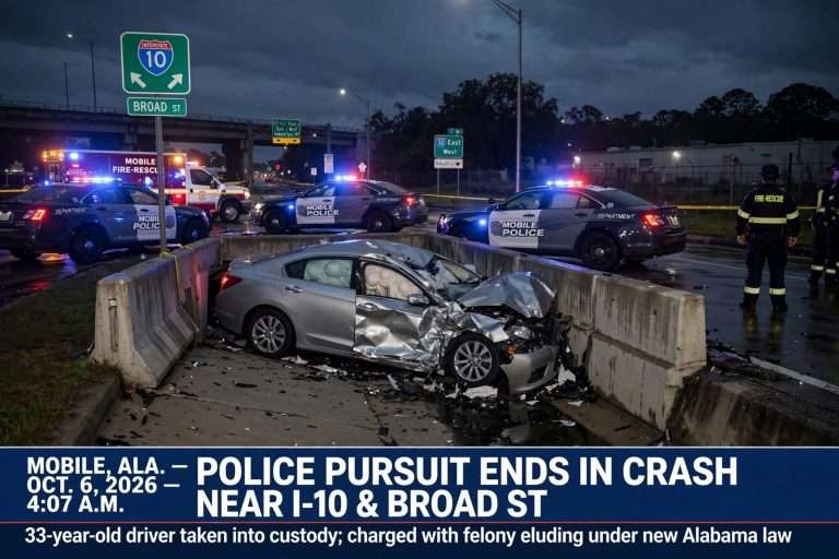Illustration for the news story: Police Pursuit Near I-10 and Broad Street Ends in Crash; Mobile Man Faces Felony Eluding Charge