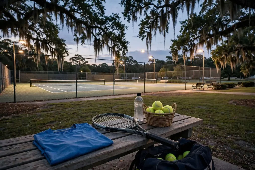 Tennis racquet and yellow tennis balls resting on a hard court near the net under evening lights